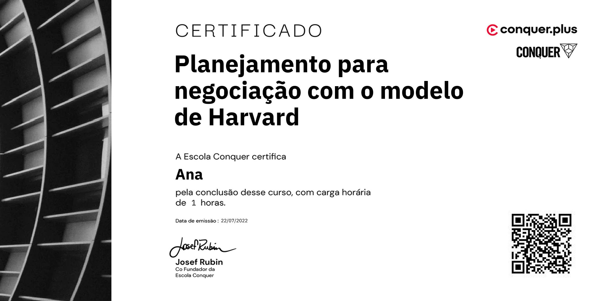Certificado de Planejamento para negociação com o modelo de Harvard